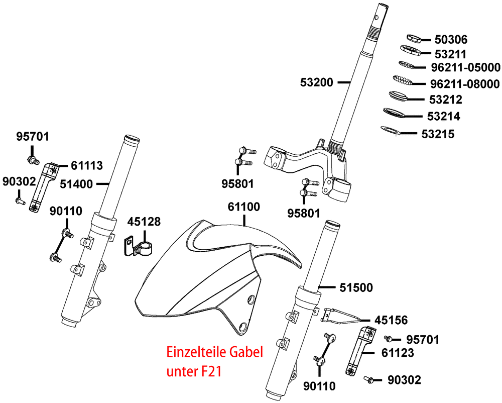 Gabeljoch, Lenkkopflager & Gabel kpl.
